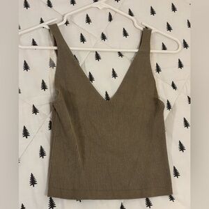 Active USA V-Neck Ribbed Olive Green Tank Top